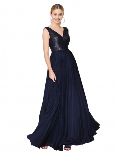 A-Line High Neck Soft Chiffon & Sequin Long Dark Navy Semi Formal Evening Gown / Prom Dress / Bridesmaid Dress Barrie
