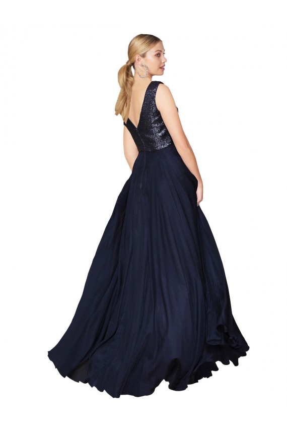 A-Line High Neck Soft Chiffon & Sequin Long Dark Navy Semi Formal Evening Gown / Prom Dress / Bridesmaid Dress Barrie