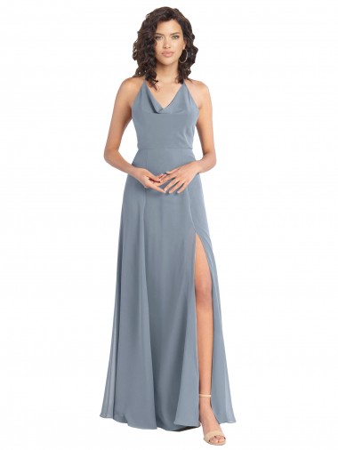 A-Line Cowl Neck Soft Chiffon Long Dusty Blue Bridesmaid Dress Barrie
