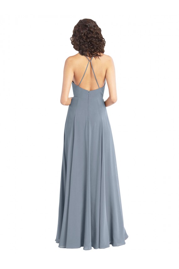A-Line Cowl Neck Soft Chiffon Long Dusty Blue Bridesmaid Dress Barrie