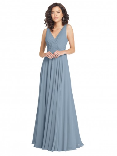 A-Line V-Neck Soft Chiffon Long Dusty Blue Bridesmaid Dress Barrie