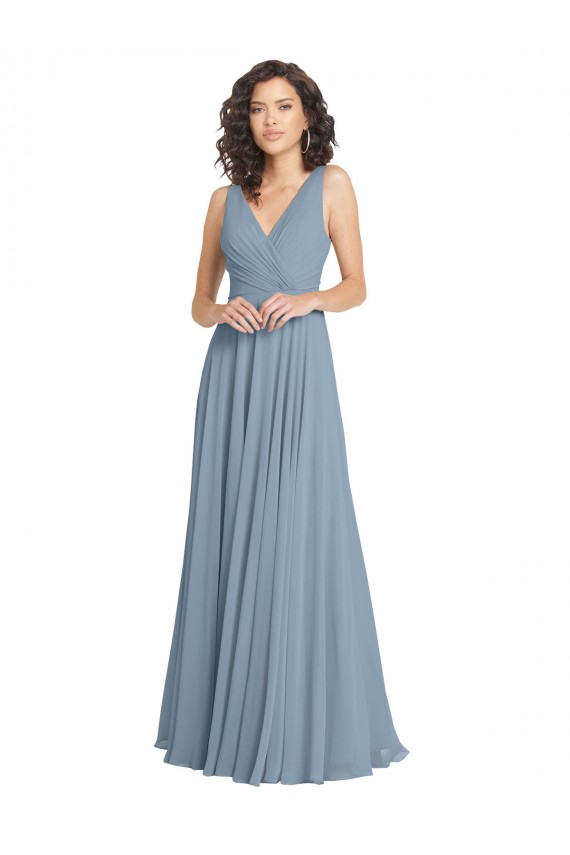 A-Line V-Neck Soft Chiffon Long Dusty Blue Bridesmaid Dress Barrie