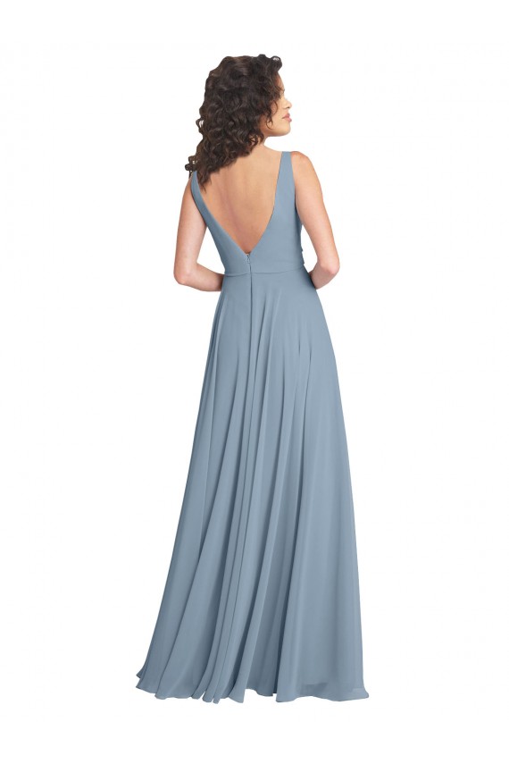 A-Line V-Neck Soft Chiffon Long Dusty Blue Bridesmaid Dress Barrie