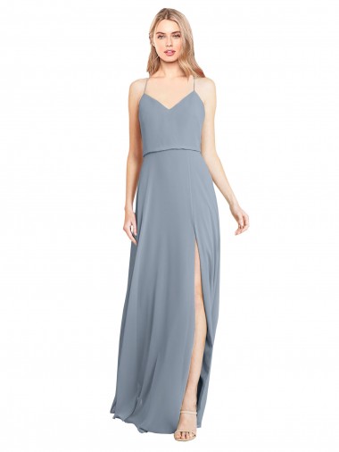A-Line V-Neck Soft Chiffon Long Dusty Blue Bridesmaid Gowns Barrie