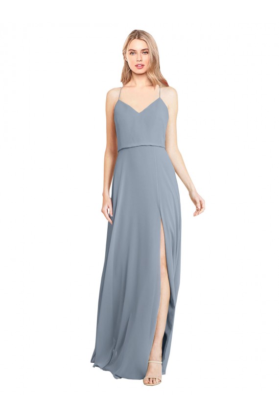 A-Line V-Neck Soft Chiffon Long Dusty Blue Bridesmaid Gowns Barrie