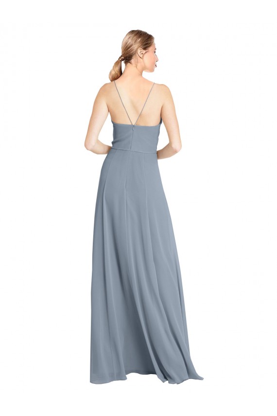 A-Line V-Neck Soft Chiffon Long Dusty Blue Bridesmaid Gowns Barrie
