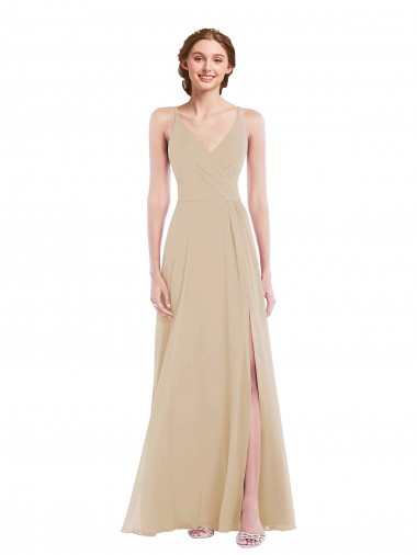 A-Line V-Neck Soft Chiffon Long Champagne Semi Formal Evening Dress / Bridesmaid Dress Barrie