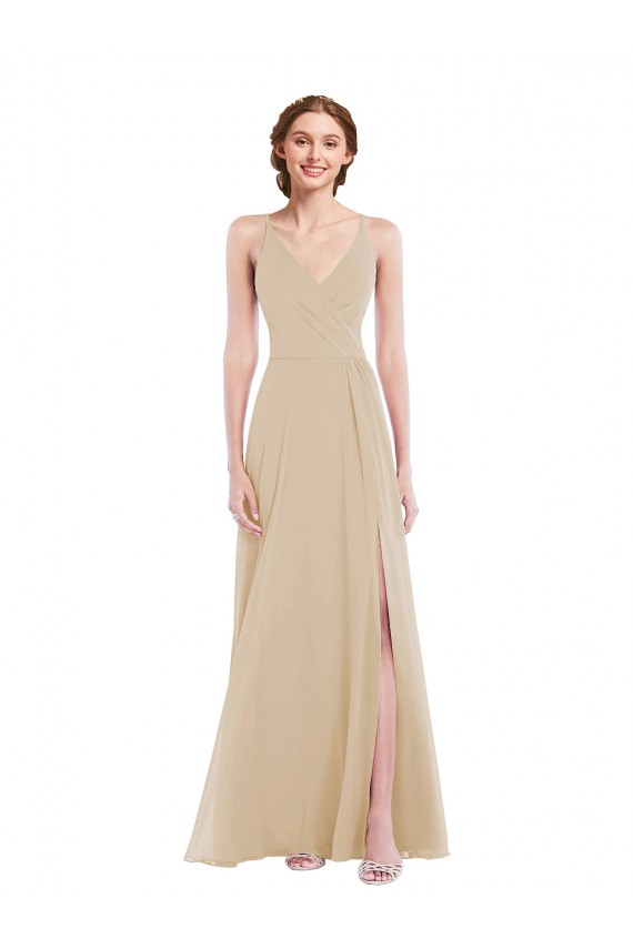 A-Line V-Neck Soft Chiffon Long Champagne Semi Formal Evening Dress / Bridesmaid Dress Barrie