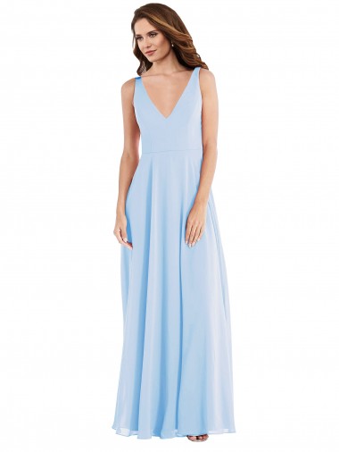 A-Line V-Neck Soft Chiffon Long Light Sky Blue Semi Formal Evening Dress / Bridesmaid Dress Barrie