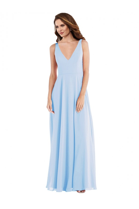 A-Line V-Neck Soft Chiffon Long Light Sky Blue Semi Formal Evening Dress / Bridesmaid Dress Barrie