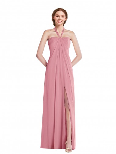 A-Line Halter Neck Soft Chiffon Long Skin Pink Semi Formal Evening Dress / Bridesmaid Dress Barrie