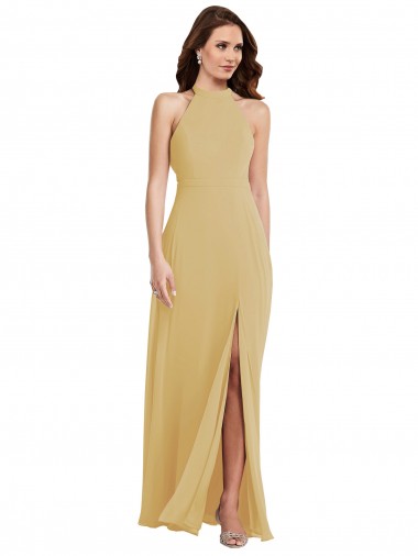 A-Line Halter Neck Soft Chiffon Long Gold Semi Formal Evening Dress / Bridesmaid Dress Barrie