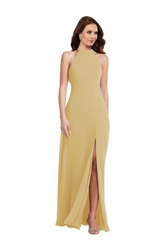A-Line Halter Neck Soft Chiffon Long Gold Semi Formal Evening Dress / Bridesmaid Dress Barrie