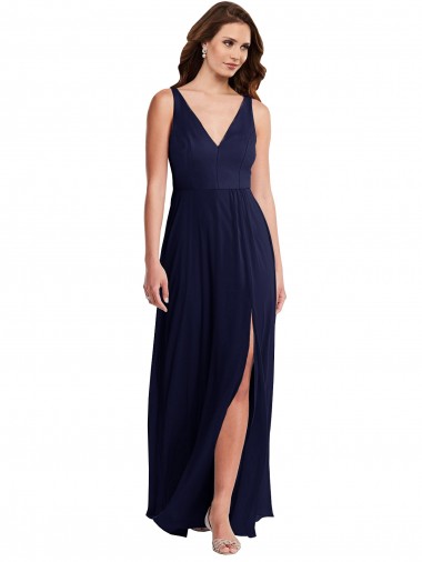 A-Line V-Neck Soft Chiffon Long Dark Navy Black Tie Evening Gown / Bridesmaid Dress Barrie