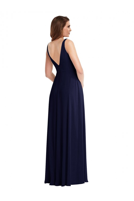 A-Line V-Neck Soft Chiffon Long Dark Navy Black Tie Evening Gown / Bridesmaid Dress Barrie