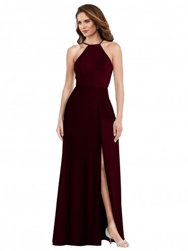 A-Line Halter Neck Soft Chiffon Long Burgundy Gold Semi Formal Evening Dress / Bridesmaid Dress Barrie