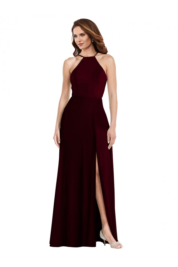 A-Line Halter Neck Soft Chiffon Long Burgundy Gold Semi Formal Evening Dress / Bridesmaid Dress Barrie