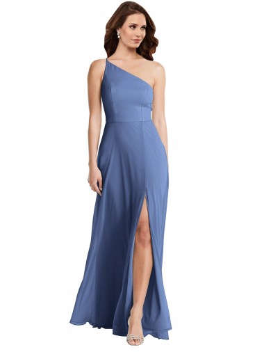 A-Line One Shoulder Soft Chiffon Long Windsor Blue Formal Evening Gown / Bridesmaid Dress Barrie