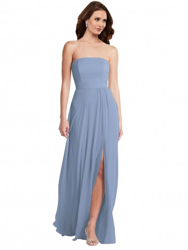 A-Line Strapless Soft Chiffon Long Dusty Blue Semi Formal Evening Dress / Bridesmaid Dress Barrie