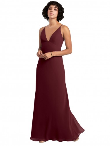A-Line V-Neck Soft Chiffon Long Burgundy Gold Bridesmaid Dress / Formal Dress Barrie