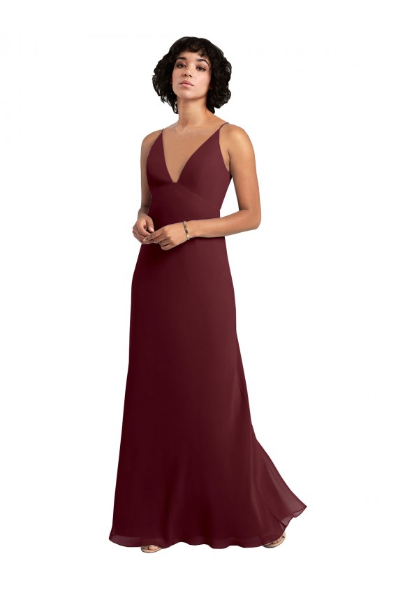 A-Line V-Neck Soft Chiffon Long Burgundy Gold Bridesmaid Dress / Formal Dress Barrie