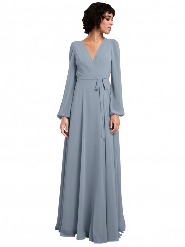 A-Line V-Neck Soft Chiffon Long Dusty Blue Bridesmaid Dress / Formal Dress Barrie
