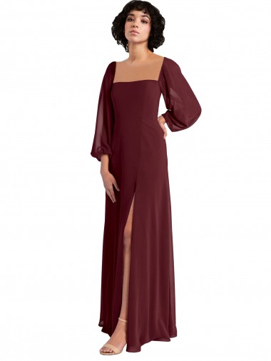 A-Line Square Neck Chiffon Long Burgundy Gold Bridesmaid Dress / Evening Dress Barrie