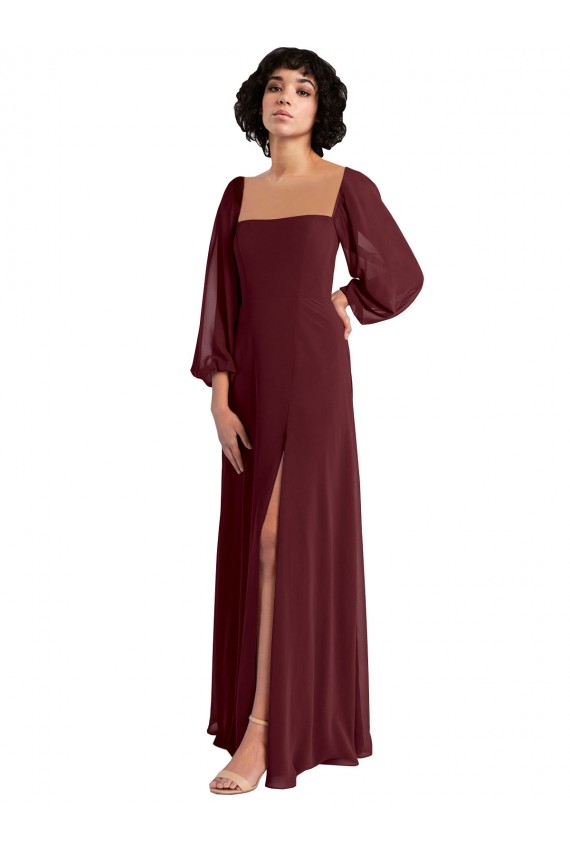 A-Line Square Neck Chiffon Long Burgundy Gold Bridesmaid Dress / Evening Dress Barrie