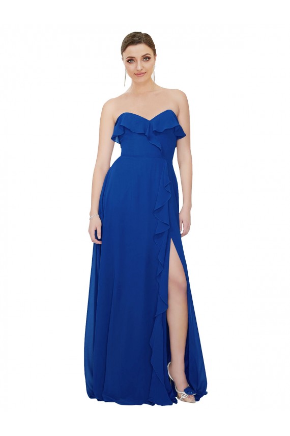 A-Line Strapless Soft Chiffon Long Royal Blue Bridesmaid Dress Barrie