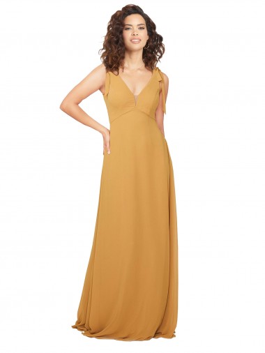 A-Line V-Neck Soft Chiffon Long Saffron Bridesmaid Dress Barrie