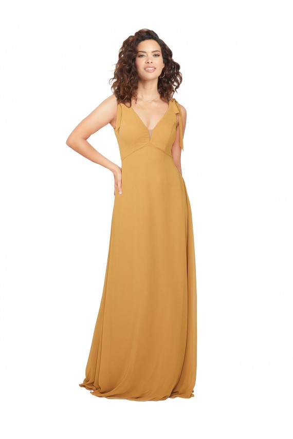 A-Line V-Neck Soft Chiffon Long Saffron Bridesmaid Dress Barrie