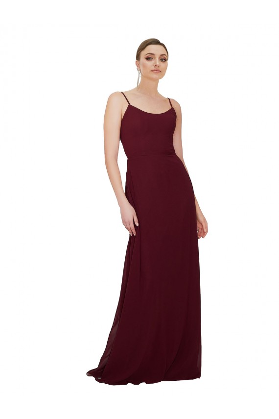 A-Line Scoop Neck Soft Chiffon Long Burgundy Gold Bridesmaid Dress Barrie