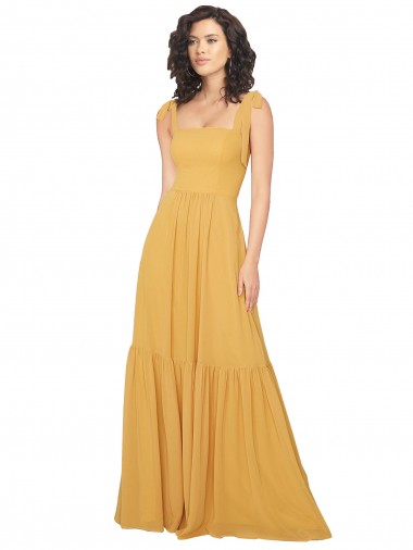 A-Line Square Neck Soft Chiffon Long Saffron Bridesmaid Dress Barrie