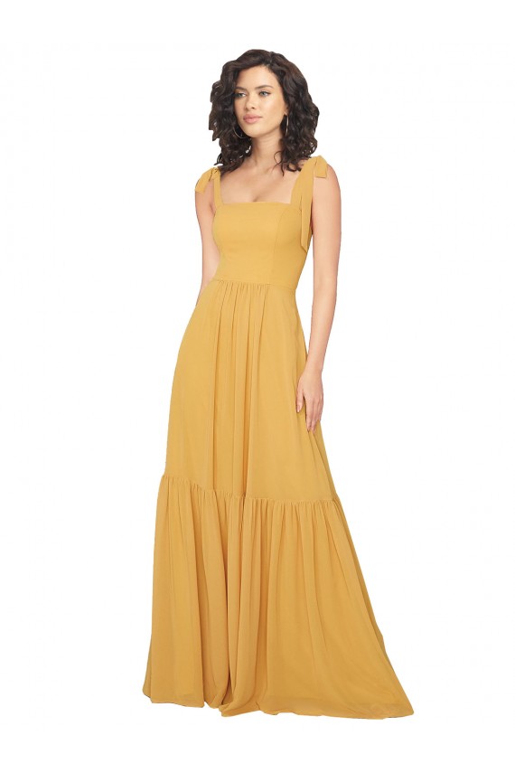A-Line Square Neck Soft Chiffon Long Saffron Bridesmaid Dress Barrie