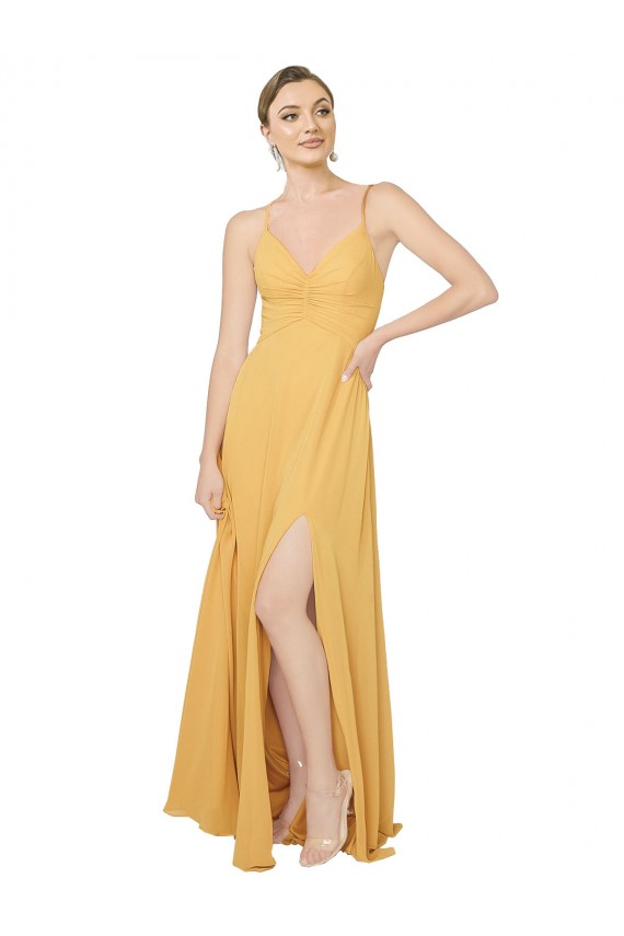 A-Line V-Neck Chiffon Long Saffron Bridesmaid Dress / Evening Dress Barrie