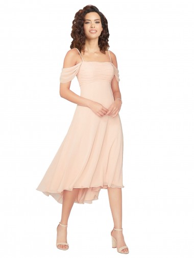 A-Line Square Neck Soft Chiffon Midi Length Ice Pink High Low Bridesmaid Dress Barrie