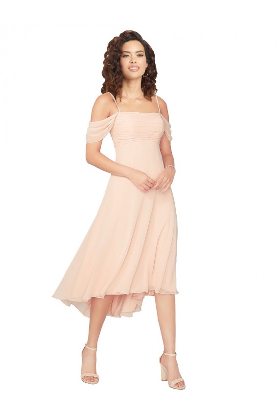 A-Line Square Neck Soft Chiffon Midi Length Ice Pink High Low Bridesmaid Dress Barrie