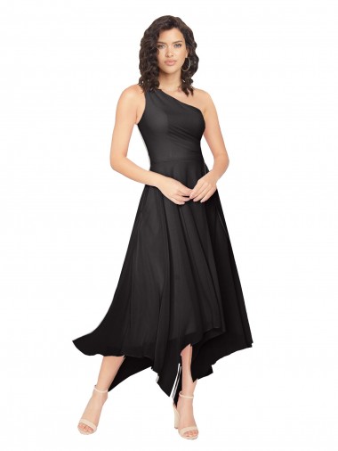 A-Line Strapless Soft Chiffon Midi Length Black High Low Bridesmaid Dress Barrie