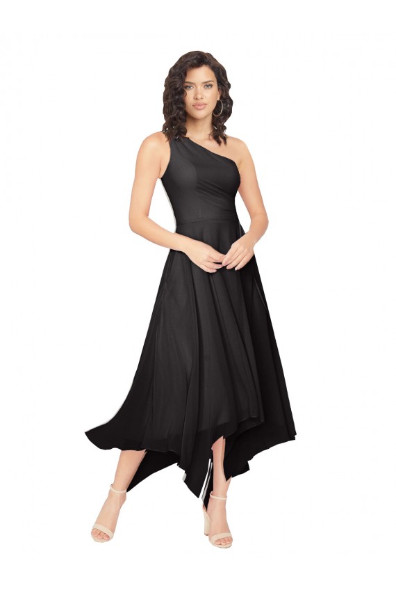 A-Line Strapless Soft Chiffon Midi Length Black High Low Bridesmaid Dress Barrie