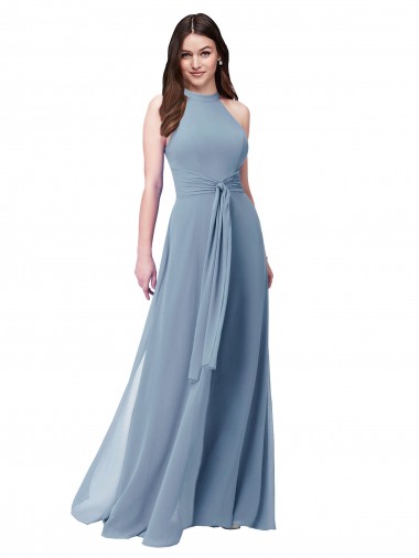 A-Line High Neck Chiffon Long Dusty Blue Bridesmaid Gowns Barrie