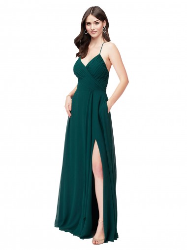 A-Line V-Neck Chiffon Long Hunter Green Wedding Party Dress Barrie