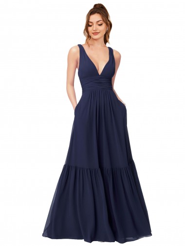 A-Line V-Neck Chiffon Long Full Length Dark Navy Formal Dress / Bridesmaid Dress Barrie