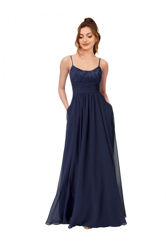 A-Line Scoop Neck Soft Chiffon & Lace Long Dark Navy Bridesmaid Dress Barrie