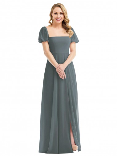 A-Line Square Neck Soft Chiffon Long Slate Grey Semi Formal Evening Dress / Bridesmaid Dress Barrie