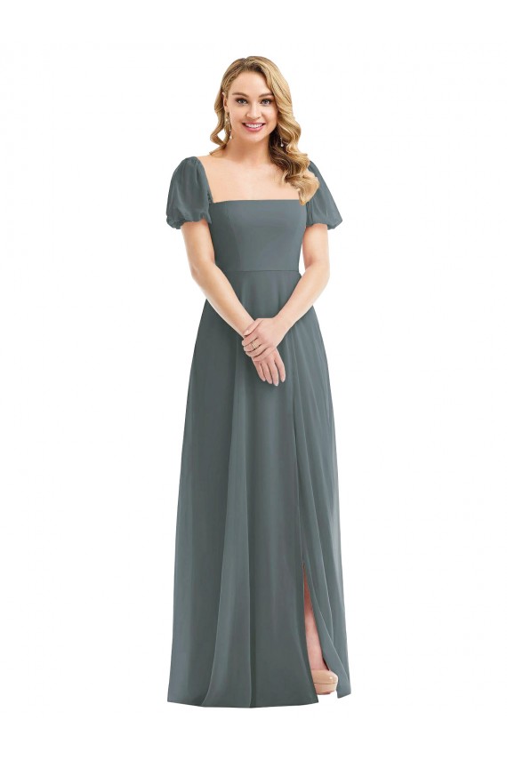 A-Line Square Neck Soft Chiffon Long Slate Grey Semi Formal Evening Dress / Bridesmaid Dress Barrie