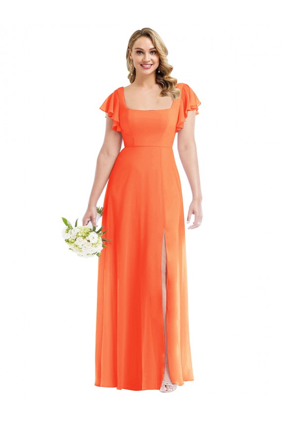 A-Line Square Neck Soft Chiffon Long Tangerine Tango Semi Formal Evening Dress / Bridesmaid Dress Barrie