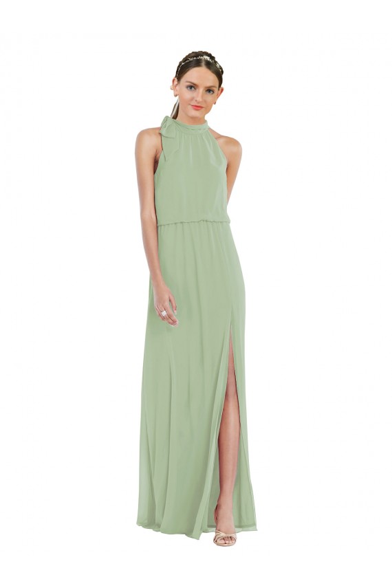 A-Line High Neck Soft Chiffon Long Smoke Green Semi Formal Evening Dress / Bridesmaid Dress Barrie