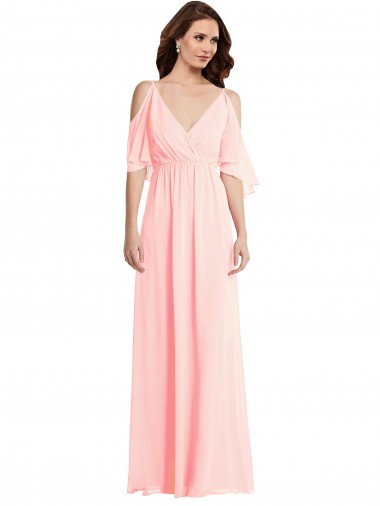 A-Line V-Neck Soft Chiffon Long Pink Semi Formal Evening Dress / Bridesmaid Dress Barrie