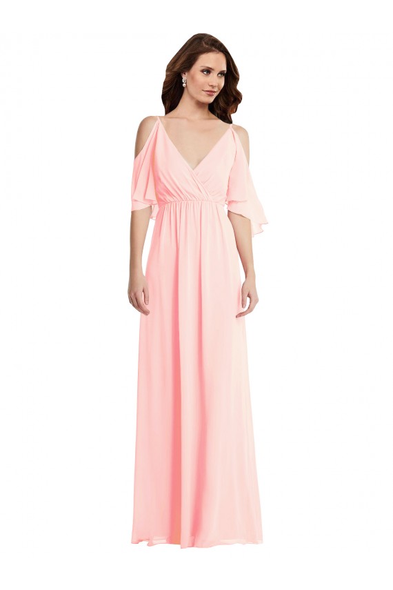 A-Line V-Neck Soft Chiffon Long Pink Semi Formal Evening Dress / Bridesmaid Dress Barrie
