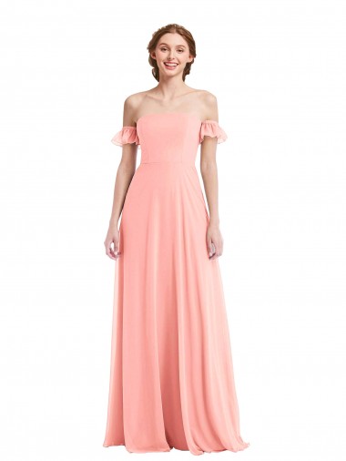 A-Line Off the Shoulder Soft Chiffon Long Salmon Semi Formal Evening Dress / Bridesmaid Dress Barrie